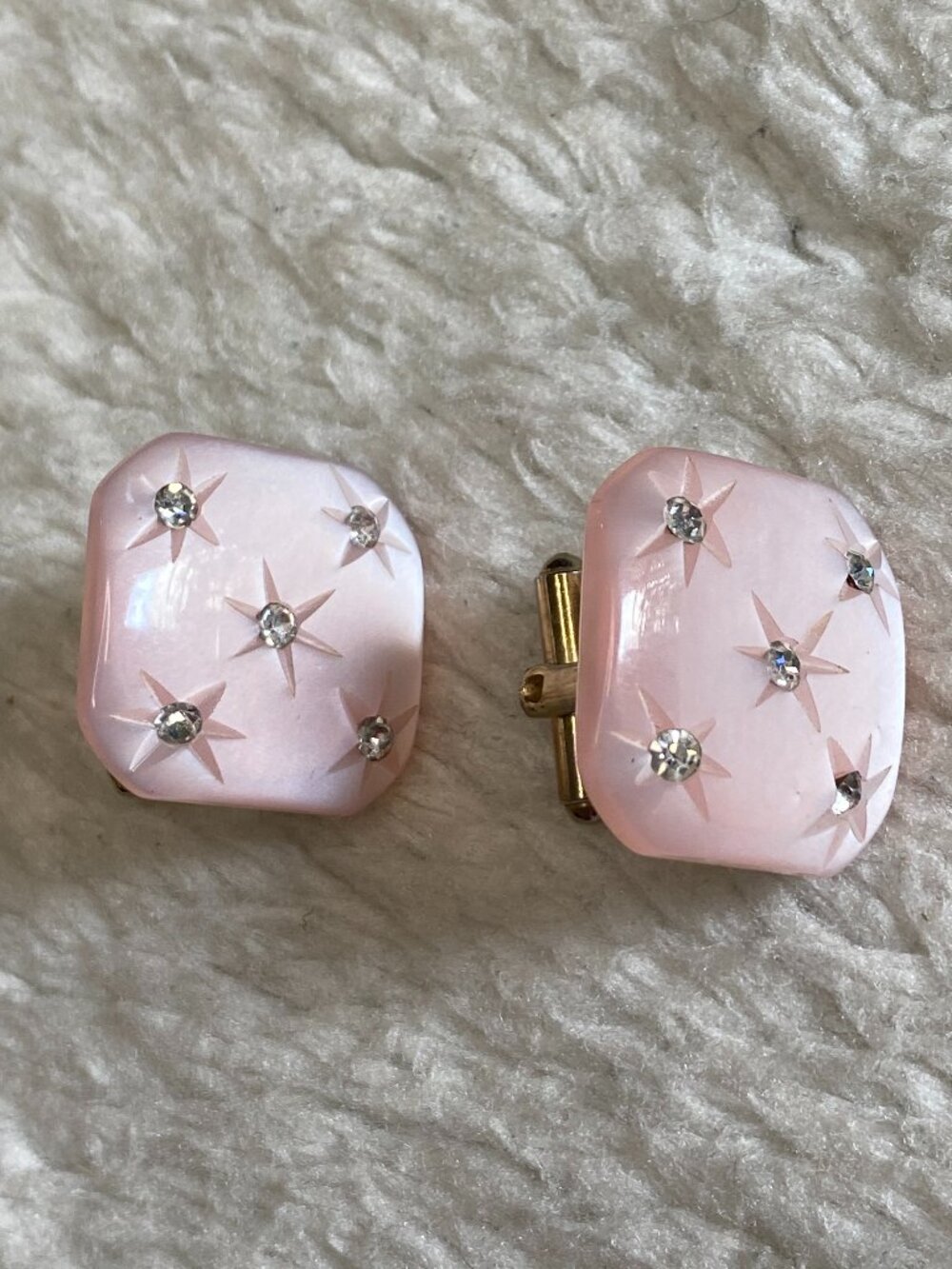 Vintage Pink Frosted Lucite Rhinestone Starburst Cufflinks